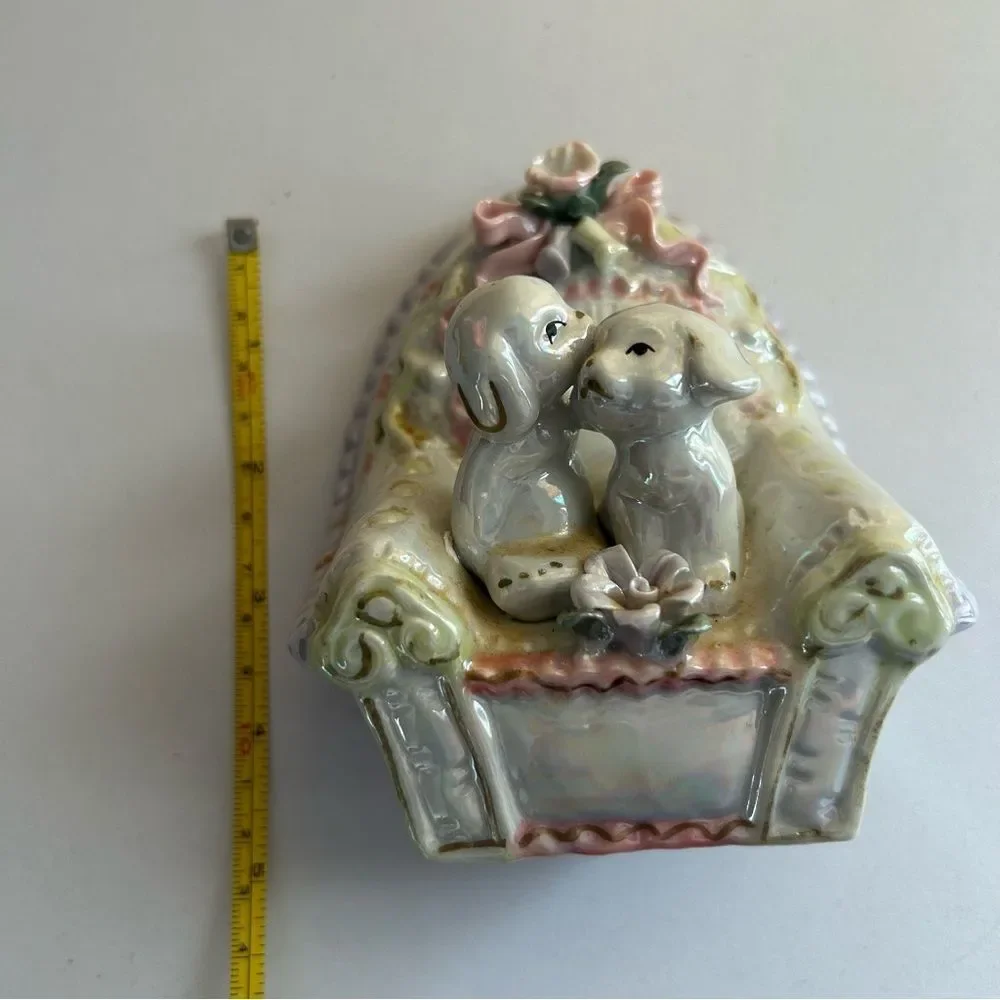 Vintage Iridescent Ceramic Puppy Dogs on Sofa Figurine Pastel Lusterware